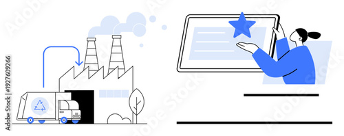 Sustainability, waste management, customer feedback, production quality, environmental responsibility, digital interaction. Factory processing recycling material and person using a tablet