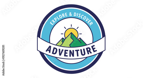 Adventure emblem with mountain and sunrise symbolizing exploration and discovery.