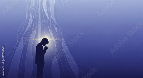 Silhouette of a contemplative person standing under glowing ethereal beams in a serene blue environment