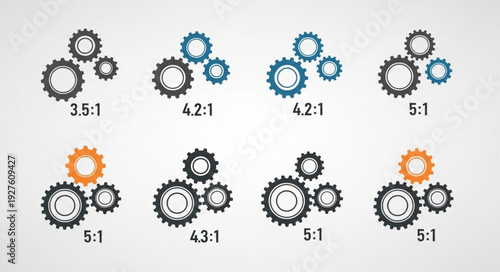 Gear mechanisms showcasing various ratios and configurations for engineering and design.