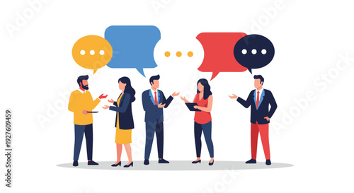 Business professionals communicate through colorful speech bubbles representing team collaboration and brainstorming ideas.