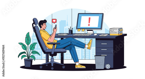 Distracted employee sits at office desk using his smartphone while ignoring an alert on his computer screen monitor.