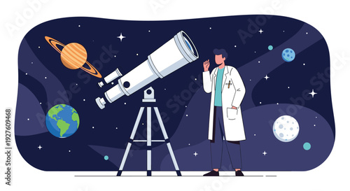 Scientist in white lab coat observes the universe through a large telescope among planets and stars in deep space.