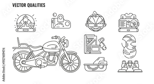 Vector illustration of motorcycle and accessories icons.