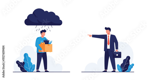 Disappointed employee carrying a box of belongings walks away under a rain cloud after being fired by his boss.