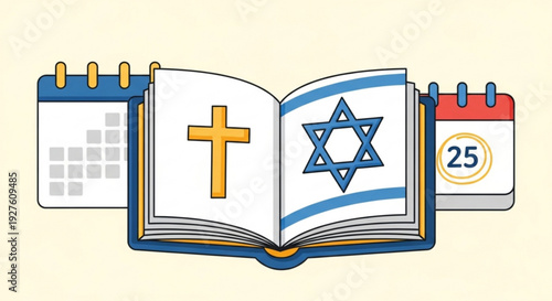 Open book with cross and star of david calendars in background symbolizing faith and dates