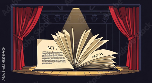 Theater stage with open book and red curtains spotlight shining on pages