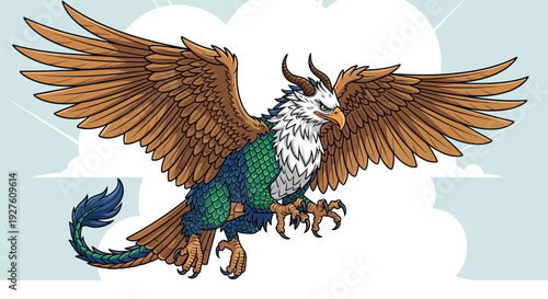 Mythical Griffin Soaring Through the Clouds with Majestic Wings.