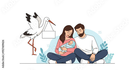 Happy young parents sit cross legged on the floor holding their newborn baby next to a stork with a blank sign.