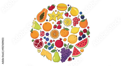 Vibrant circle arrangement of various fresh fruits and berries representing a healthy diet and organic nutrition.