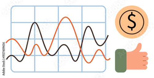 Financial analytics, market trends, investment strategies, business growth, economic success, data visualization. Line graph, dollar sign and thumbs up gesture. Financial analytics and market trends