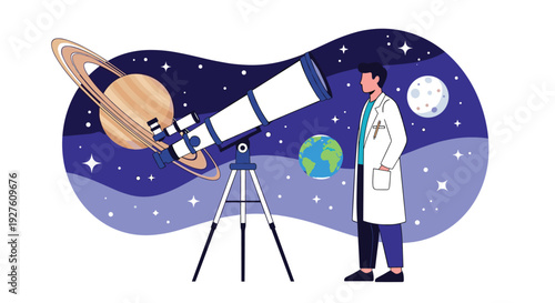 Professional scientist observes celestial bodies like saturn and earth through a powerful telescope in deep space.