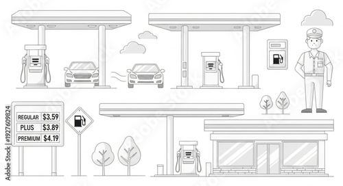 Gas station sketch with car, pump, sign, and attendant in a line drawing.