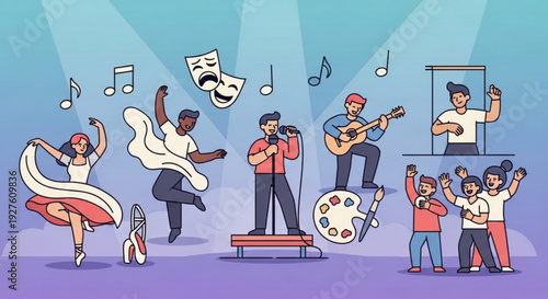 People enjoying music dance and art in a vibrant scene with colorful characters and stage performances