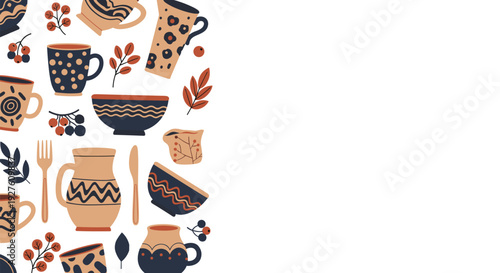 Decorative pattern of handmade ceramic pottery including mugs, bowls, and jugs mixed with colorful autumn leaves.