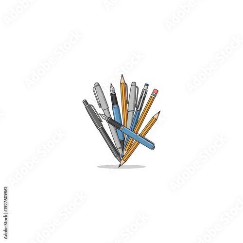 Collection of pens and pencils, illustration on white background