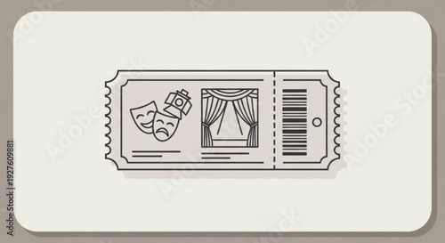 Theatrical ticket with comedy and tragedy masks and curtain icon on beige background