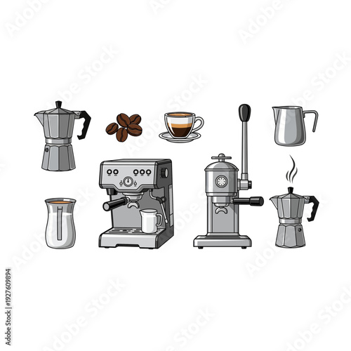 Espresso machine, moka pot, coffee beans, and cup illustration