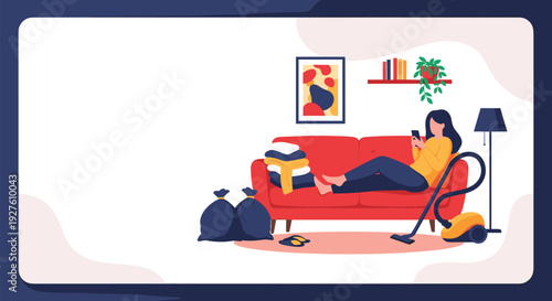 Young woman relaxes on a sofa using her smartphone while ignoring household chores like laundry and vacuuming.