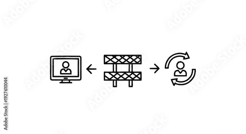 Computer screen with person icon connected to data transfer symbol.