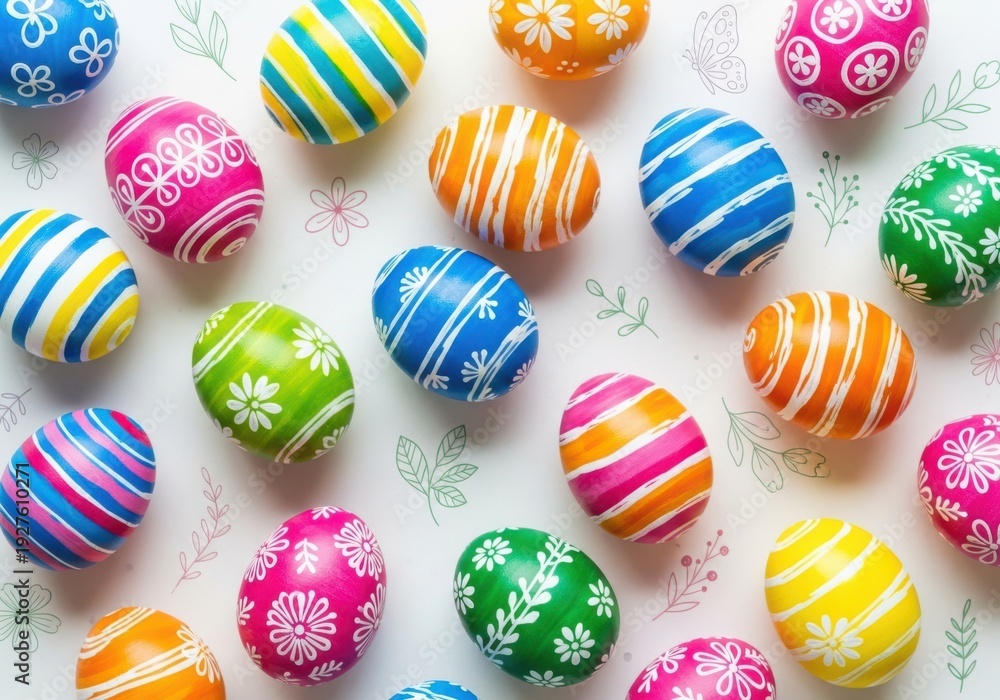 Fototapeta premium Colorful easter eggs with various patterns on a white background with a subtle floral design