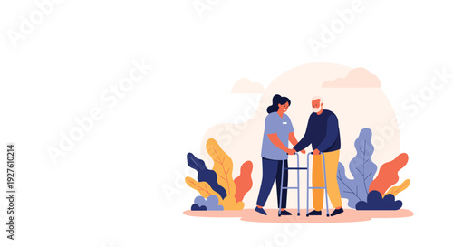 Caring nurse assists an elderly man using a walker to walk outside among colorful autumn plants and soft clouds.