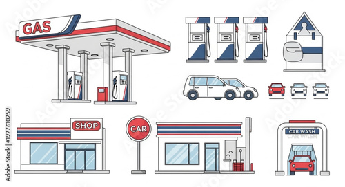 Gas station and related service buildings illustration with various vehicles and signs.