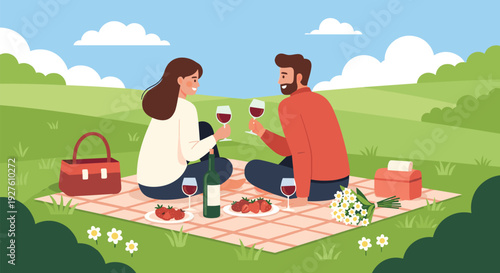 Happy couple enjoys a romantic picnic on a blanket in a green field with red wine, strawberries, and white flowers.