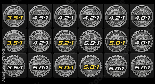 Collection of various gear ratio symbols, showcasing mechanical engineering and design concepts.