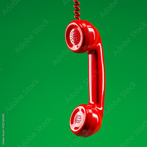 Classic red retro rotary phone receiver hanging by a coiled cord. Isolated on a vibrant solid green studio background. Minimalist communication concept.