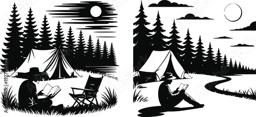 Camping silhouettes with man reading book near tent in forest landscape day and night scenes outdoor adventure vector illustration design