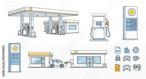 Gas station illustration set with various elements and design options for use.