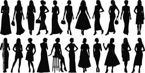 Silhouettes of fashionable women in diverse poses and outfits, stylish dresses, skirts, accessories, fashion illustration and design concept