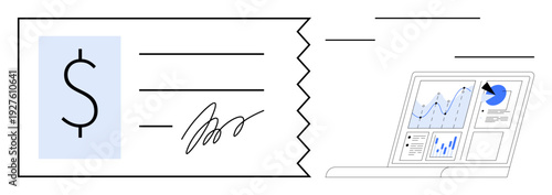 Financial transactions, payment systems, digital economy, business analytics, online banking, data reporting. Check with dollar sign and signature alongside laptop with graphs. Financial transactions