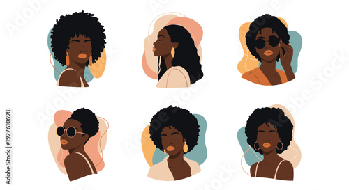 Set of six stylish portraits featuring black women with diverse hairstyles and fashionable accessories in a boho art.
