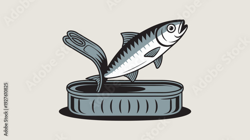 A cartoon fish jumping out of a tin can in a playful illustration