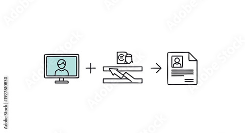 Computer screen with person icon plus document scanner creating resume.