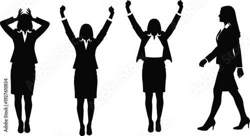Group of business women in suits celebrating success victory poses arms raised confident black silhouette vector illustration corporate empowerment