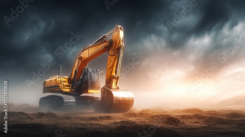 A dramatic shot of a yellow excavator set against a stormy sky on a construction site.