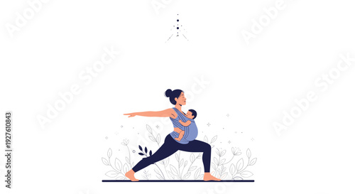 Strong mother practices a yoga pose while carrying her baby in a blue sling against a delicate botanical background.