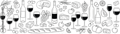 Hand drawn wine and cheese appetizer collection with wine bottles glasses grapes olives and bread in cad drawing flat vector illustration