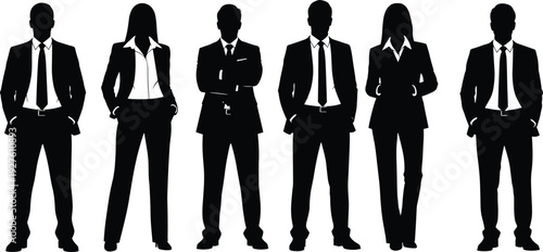 Group of business professionals in formal suits ties blazers standing together black silhouette vector illustration diverse men women isolated white background.