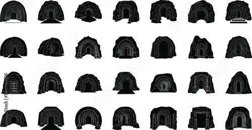 Cave Entrance and Tunnel Silhouettes Set Featuring Various Stone Arches Underground Passageways Mine Openings Dark Portals Architectural Entrances and Mysterious Grottoes