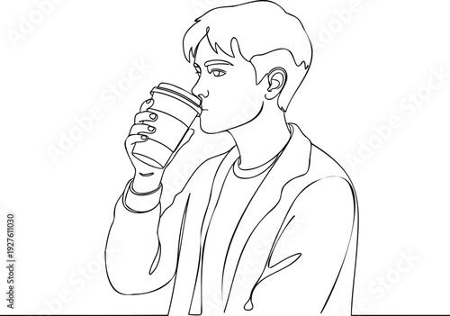 Man Drinking Coffee from Disposable Cup Standing Alone in Simple Vector Illustration