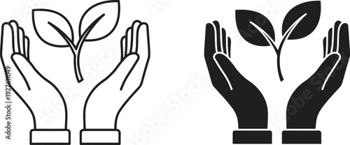 Human hands holding young plant sprout symbol for environmental protection and growth in cad drawing flat vector illustration for design