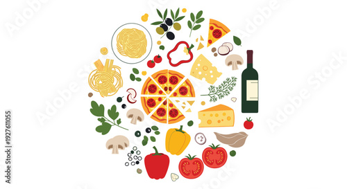 Variety of delicious italian food items including pizza pasta vegetables cheese and wine arranged in a perfect circle.