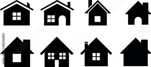Collection of eight black silhouette house icons on white background