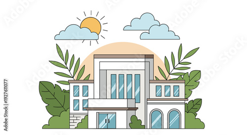 Contemporary two story residential house surrounded by lush green tropical plants and trees under a sunny sky with clouds.