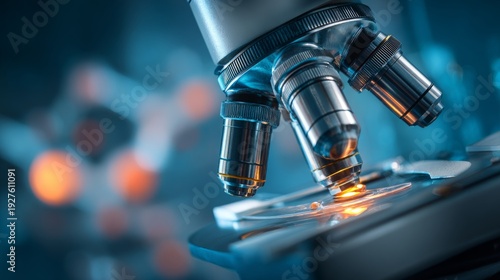 Advanced microscope in blue science medical technology laboratory background, close up of modern research equipment for healthcare innovation, biotechnology analysis, pharmaceutical development, and s