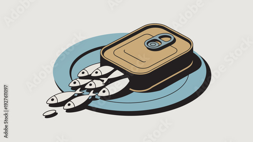 An illustration of a can of fish on a plate with several small fish spilling out